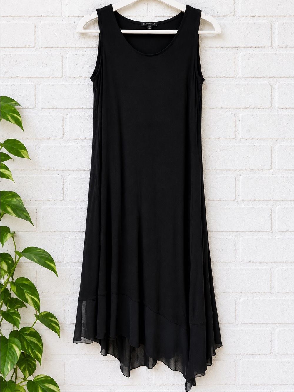 Eileen Fisher Black Midi Dress Small Sheer Hem Sleeveless Flowy